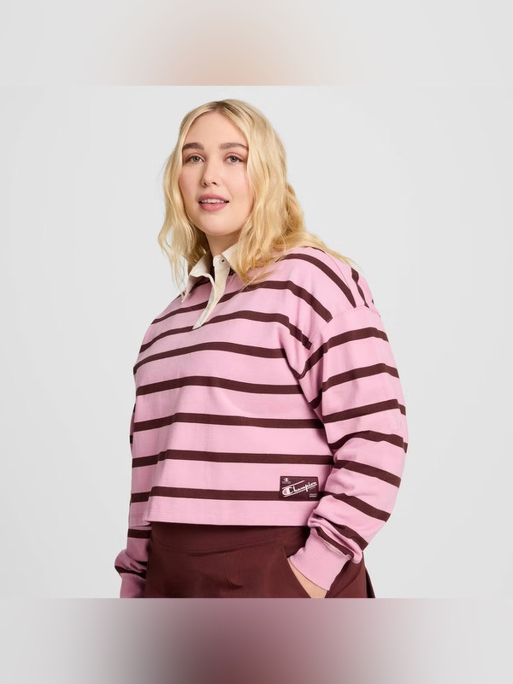 Champion women XL Pink burgundy Stripe rugby polo Long Sleeve shirt crop nwot